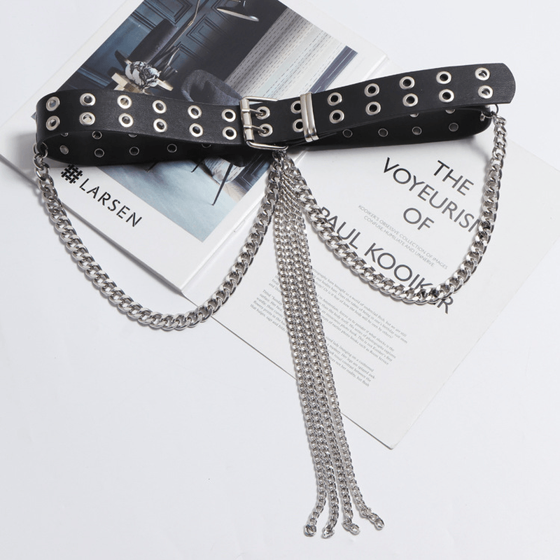 women's black tassel chain rivet belt, view 5 - MRSLM