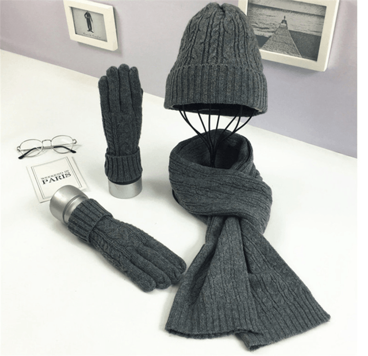 Fashion Solid Color Twist Warm Hat Scarf Glove Set - MRSLM