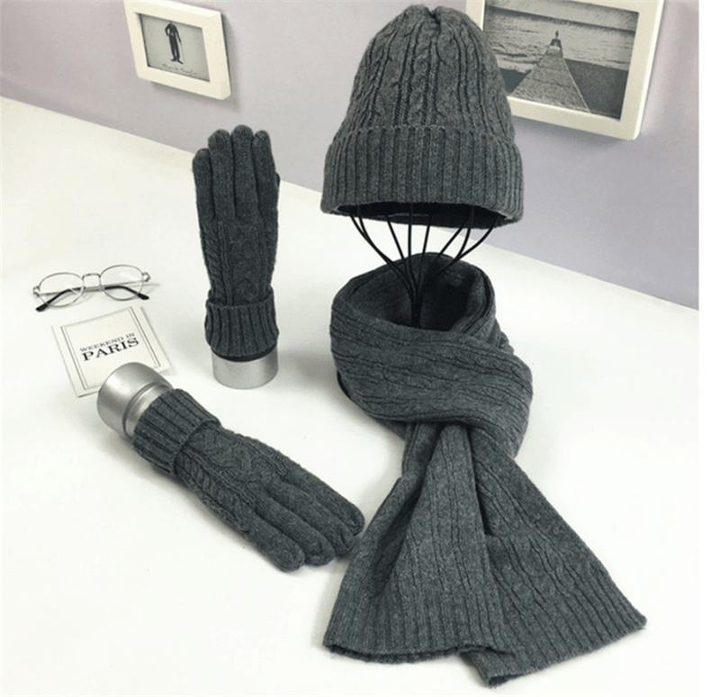 solid color hat scarf glove set, view 3 - MRSLM
