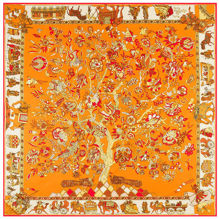 130Cm Fortune Tree Tree of Life Ethnic Flower Pattern Ladies Twill Scarf Travel Scarf - MRSLM