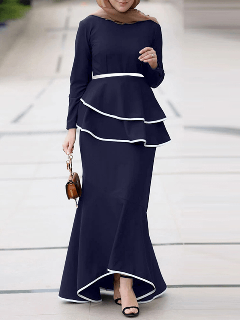 Women Irregular Hem Double Layer Ruffle Solid Dress - MRSLM