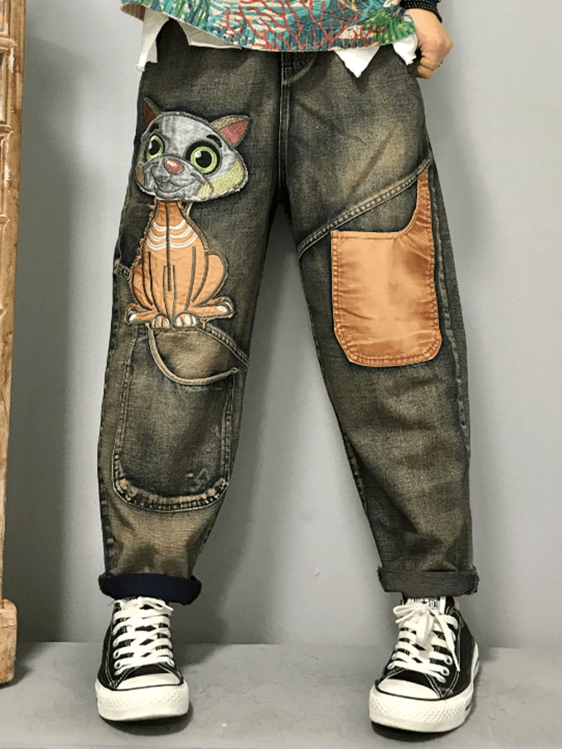 Women Cat Embroidery Patchwork Mid Waist Loose Denim Harem Jeans - MRSLM