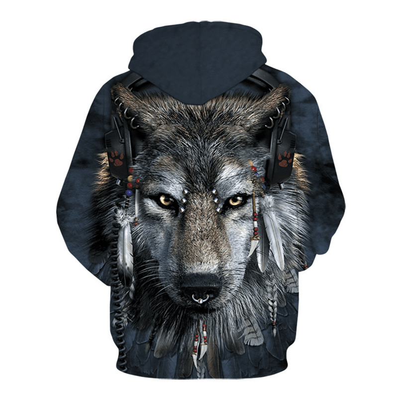 Wolf Head Print Men's Hoodie Sweater Digital
