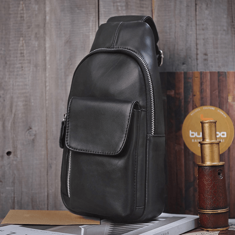 Men Genuine Leather Soft Waterproof Chest Bag Outdoor Sport Retro Large Capacity Crossbody Bags Shoulder Bag - MRSLM