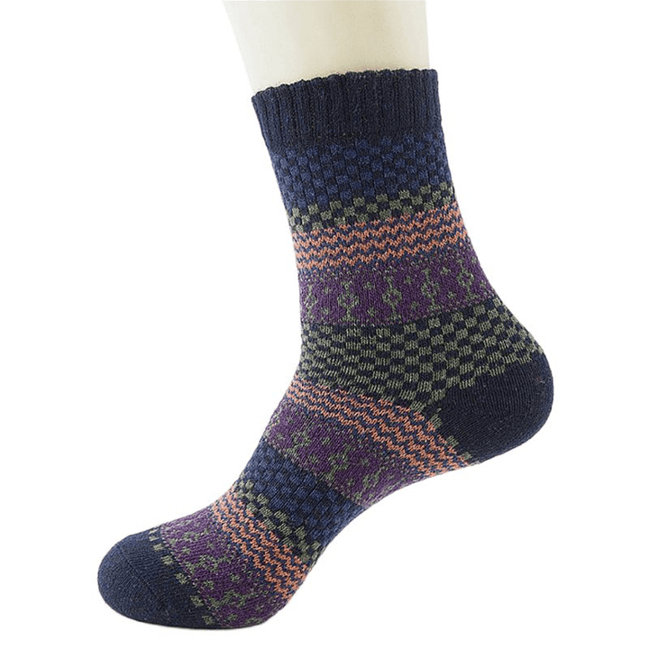 5 Pairs, Men'S Warm Ethnic Wool Socks, Plaid, Geometric Stripesand Ribbed Long Knit - MRSLM