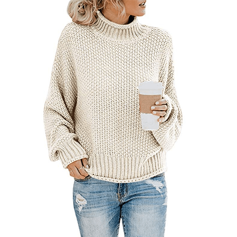 Casual Loose Long Sleeve High Collar Solid Color Pullover Sweaters for Women - MRSLM