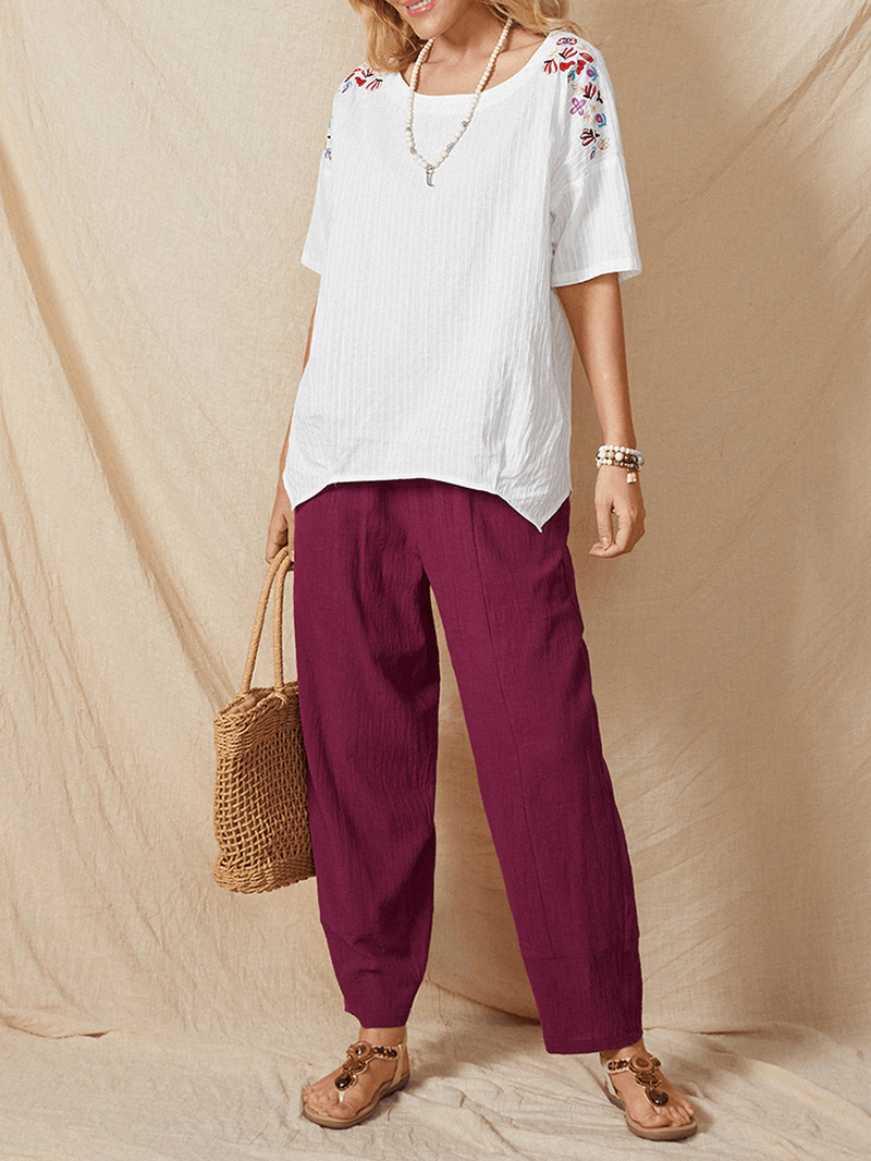 Elastic Waist Solid Color Side Pocket Cotton Casual Harem Pants for Women - MRSLM