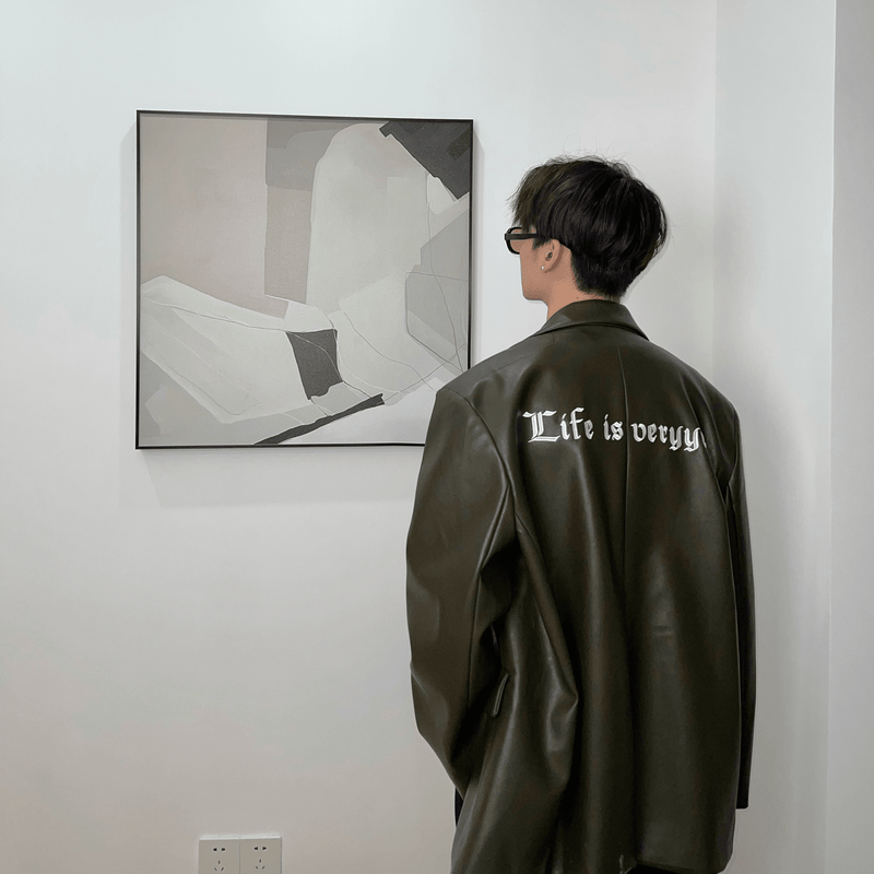 Embroidered retro PU leather suit jacket, view 5 - MRSLM