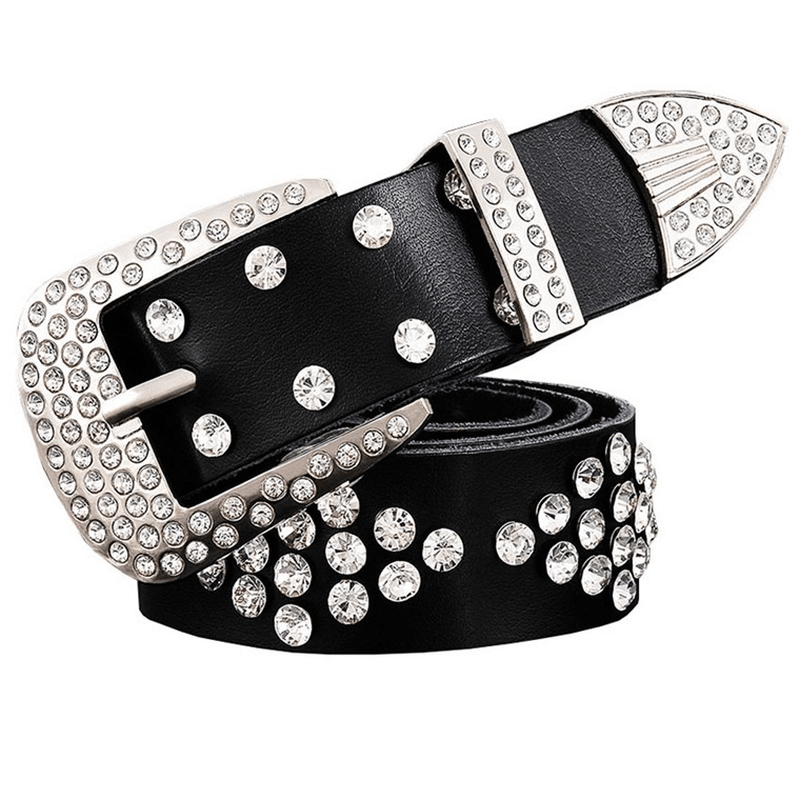 women's cowhide rhinestone pin buckle belt, view 2 - MRSLM