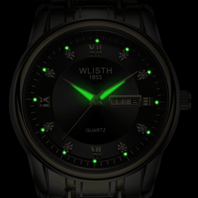 WLISTH Men Full Steel Belt Quartz Watch Business Luminous Waterproof Calendar Casual Wristwatch - MRSLM