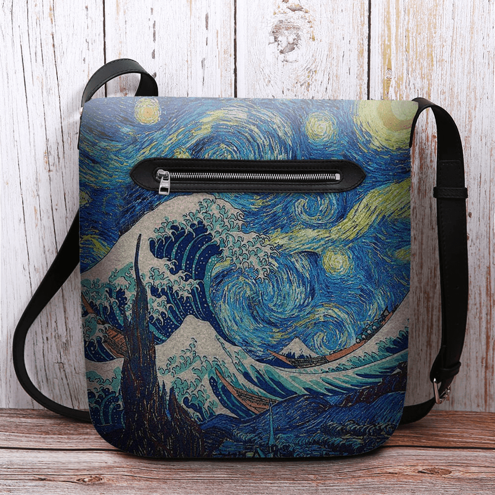 Women Felt Sea Wave Starry Sky Pattern Oil Painting Style Prints Crossbody Bag Shoulder Bag - MRSLM