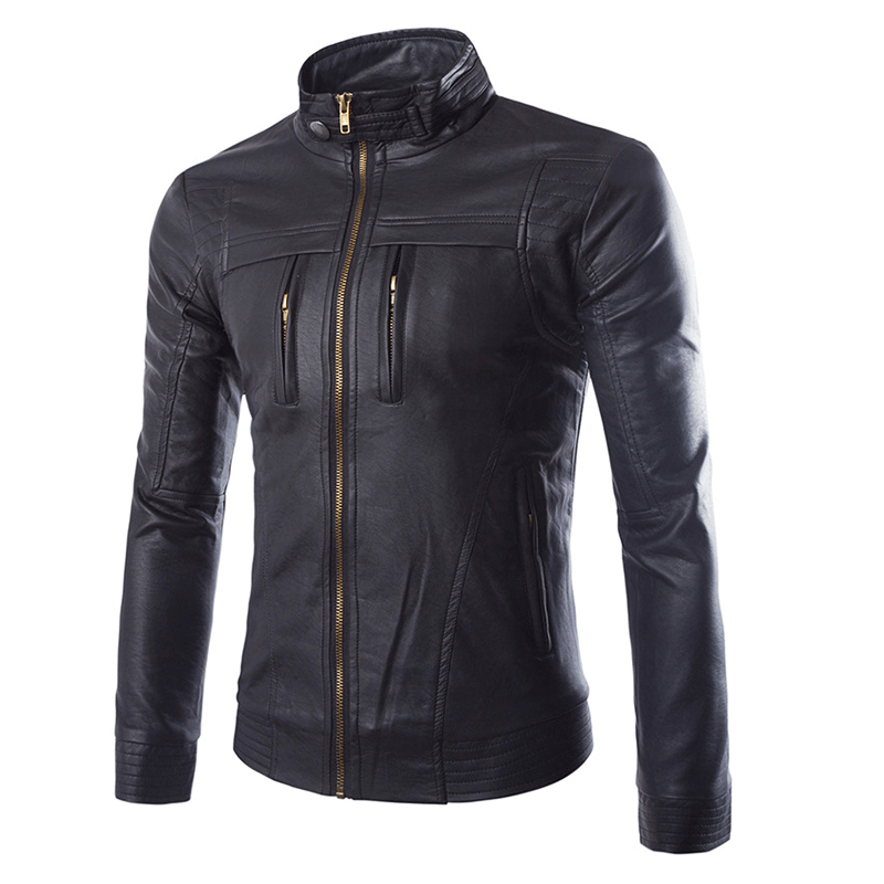Mens Zipper Stand Collar Black Biker Faux Leather Jacket - MRSLM