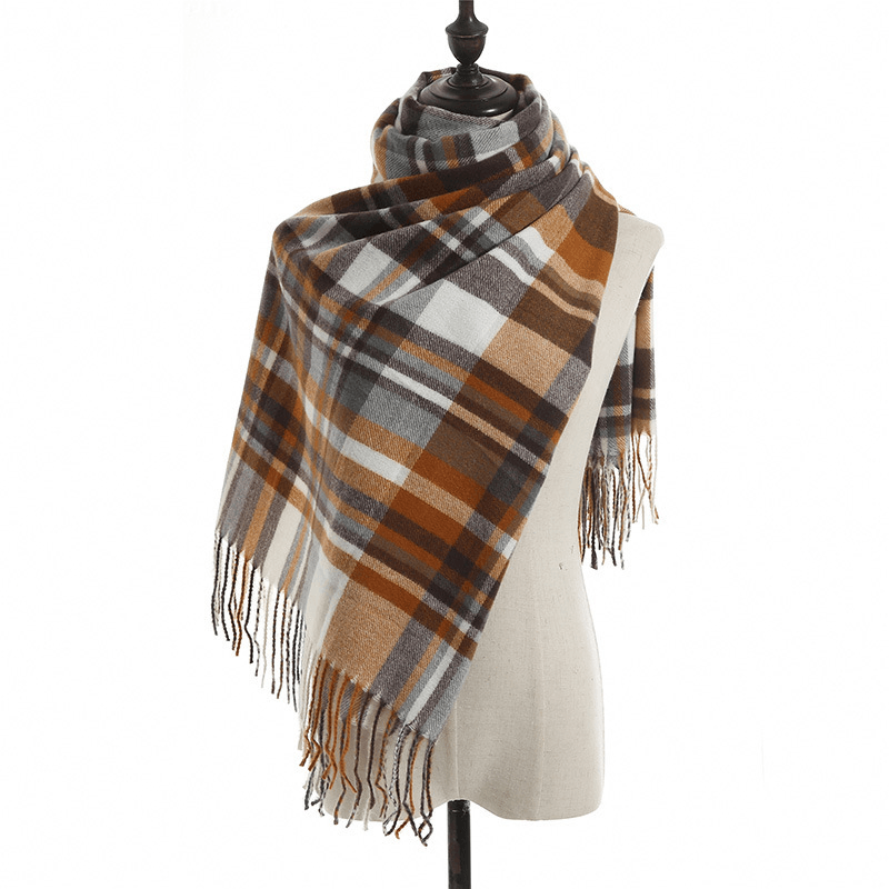 plaid imitation cashmere scarf with tassels, view 3 - MRSLM