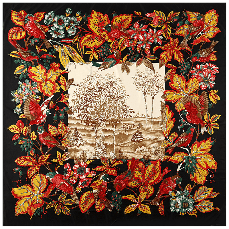 flower and bird twill scarf, view 2 - MRSLM