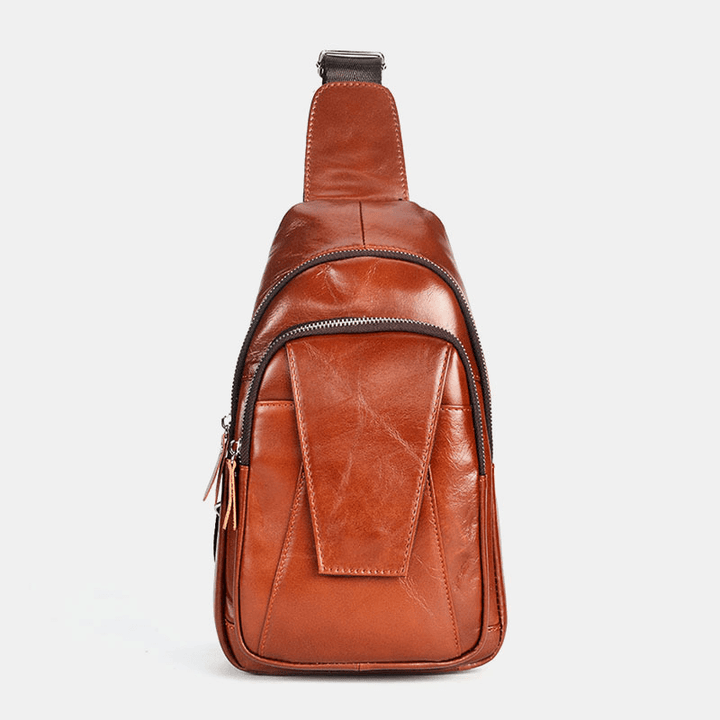Men Genuine Leather Back Anti-Theft Zipper Pocket Chest Bag Fashion Casual Wear-Resistant Crossbody Bag Shoulder Bag - MRSLM