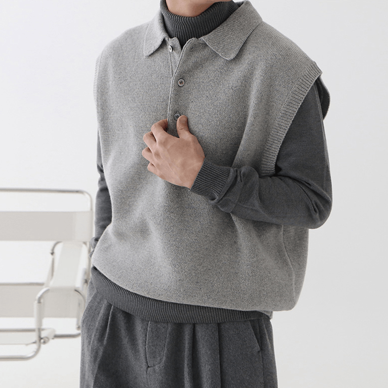 Spring Sleeveless Vest Lapel Sweater Men's All-Match Knitwear Vest Waistcoat Hong Kong Style Jacket