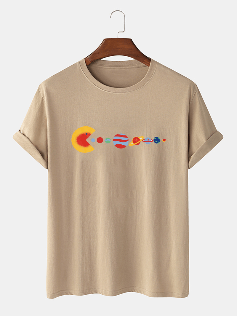100% Cotton Funny Planet Print Crew Neck Short Sleeve Loose T-Shirts - MRSLM