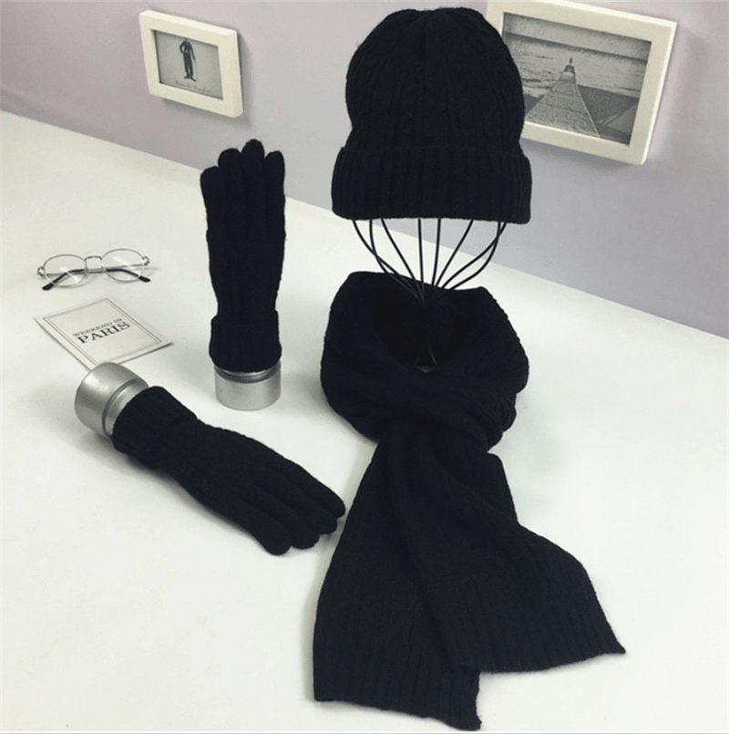 solid color hat scarf glove set, view 4 - MRSLM