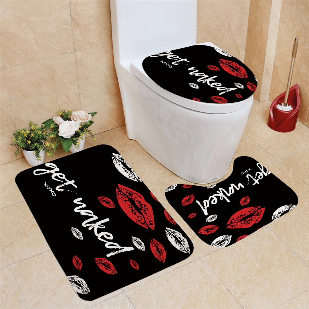 Red Funny Mouth Bathroom Shower Curtian Set Waterproof Toilet Lid Cover Pedestal Rug Non-Slip Bath Mat Set - MRSLM