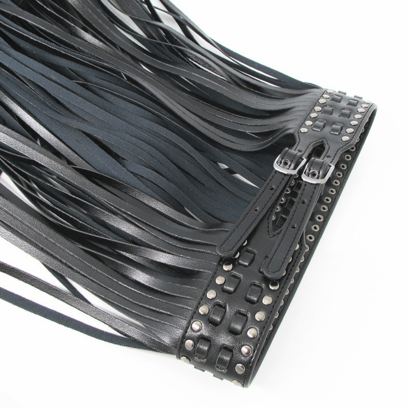 Black Long Fringed Pin Buckle Belt, Ladies Fashion Rivet Long Skirt Waist