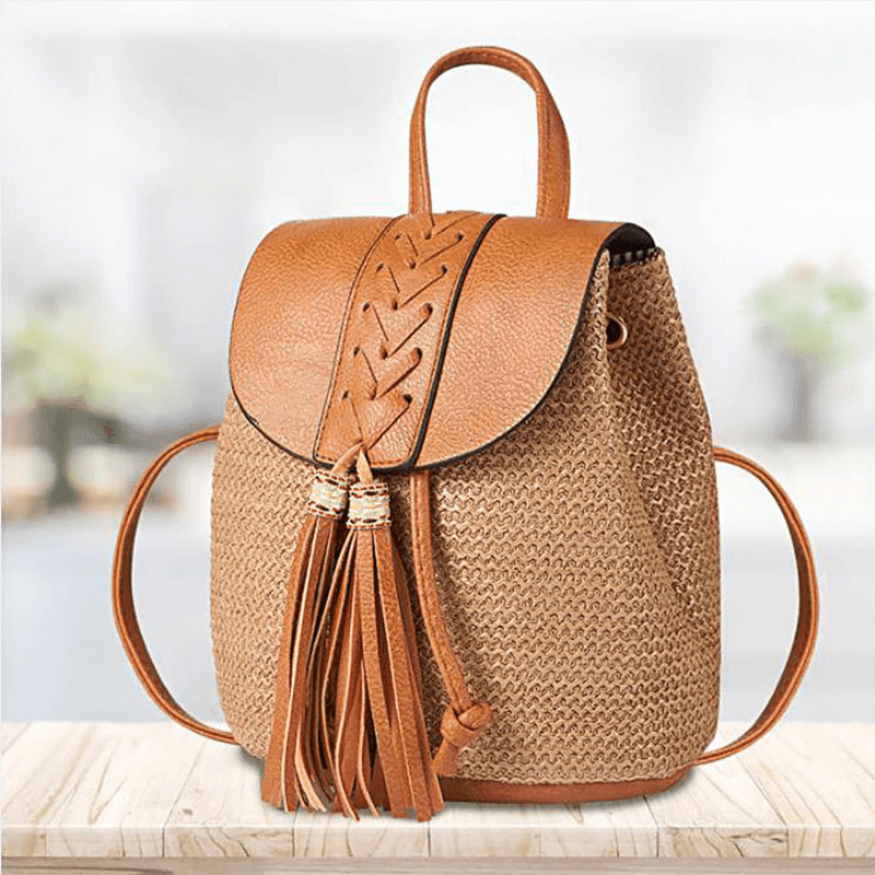 Women Tassel Straw Bag Retro Beach Bag Backpack Bucket Bag - MRSLM