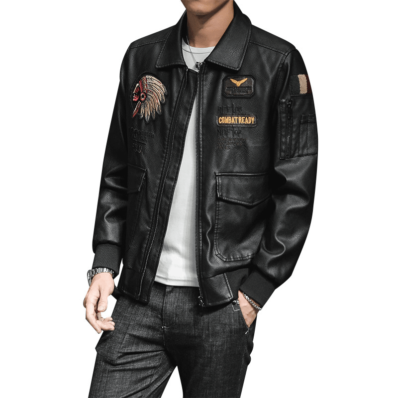 Men's PU leather embroidered motorcycle jacket, view 3 - MRSLM