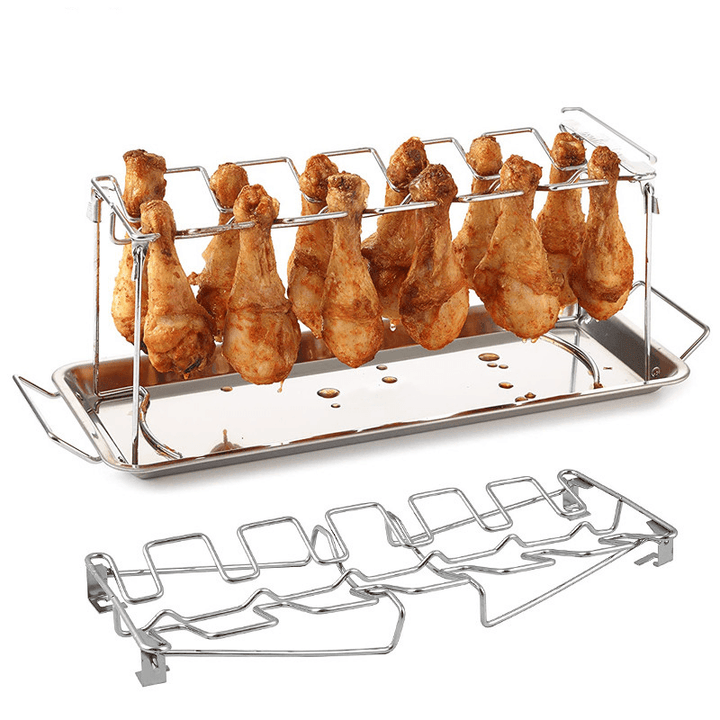 BBQ Grill Rack Beef Chicken Leg Wing Smoker Oven Roaster Stand 14 Slots Stainless Steel Barbecue Drumsticks Holder with Drip Pan Camping Picnic - MRSLM