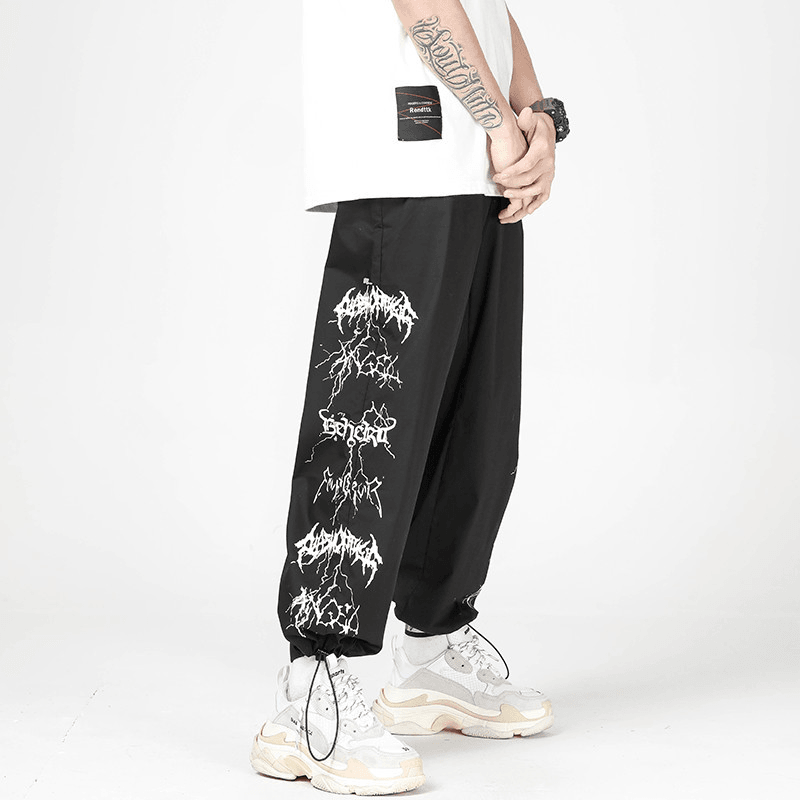 Japanese Street Print Straight Trousers Men's Drawstring Elastic Waist Wide-Leg Pants