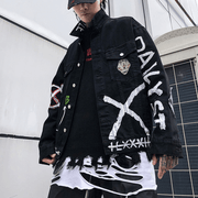 Men's black printed denim jacket, view 2 - MRSLM