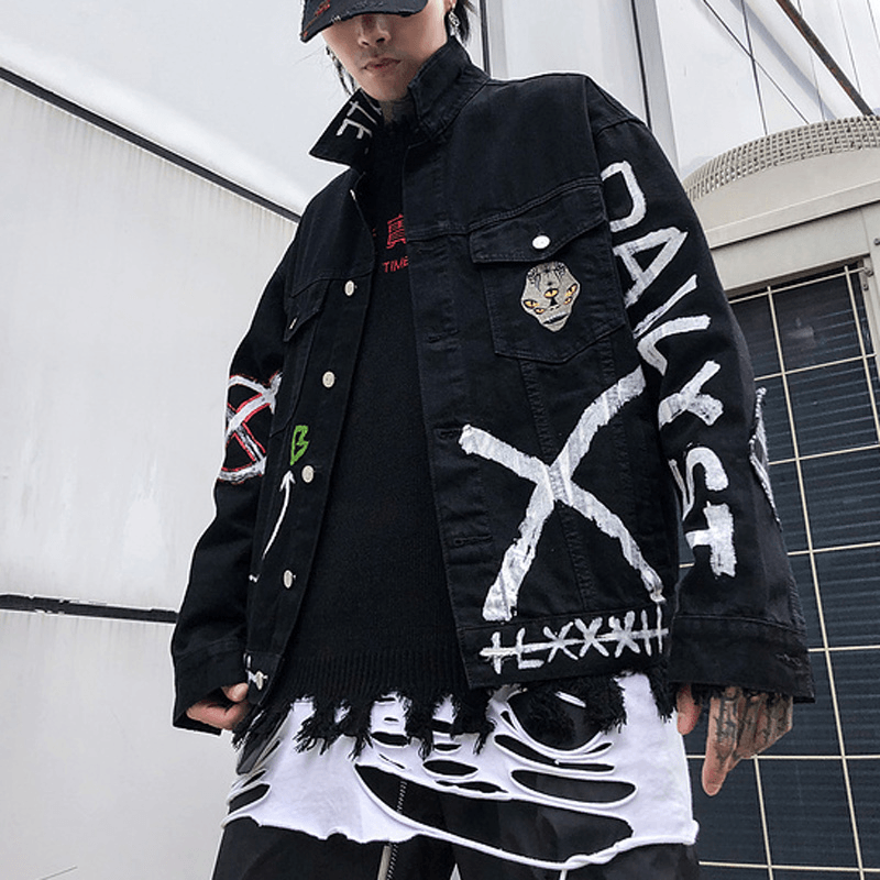 Men's black printed denim jacket, view 2 - MRSLM