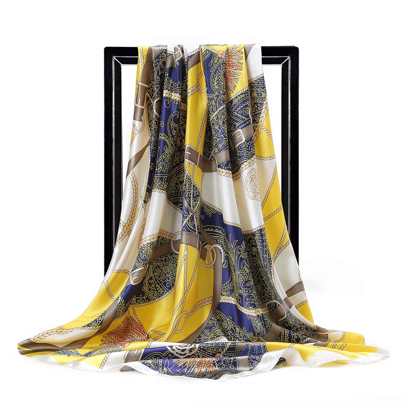 women's faux silk chain print square scarf, view 3 - MRSLM