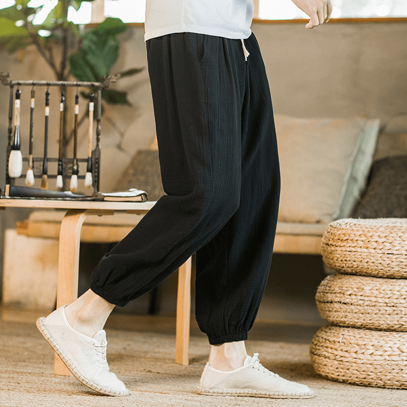 Spring Men's Cotton Hemp Chinese Style Loose Casual Pants Young Men's Elastic Leggings Men's
