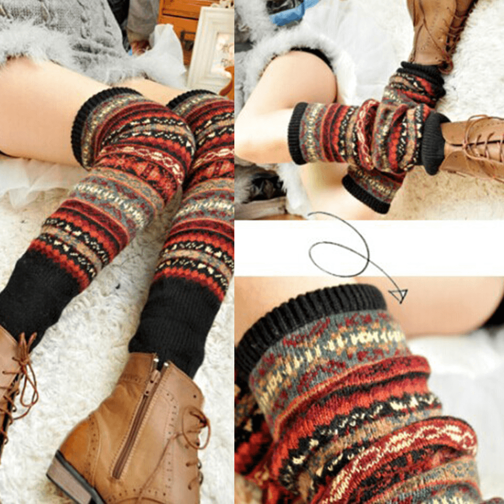 Women Wool plus Thicken Keep Warm Stripe Pattern Winter Boots Cover Leggings Socks Stockings - MRSLM