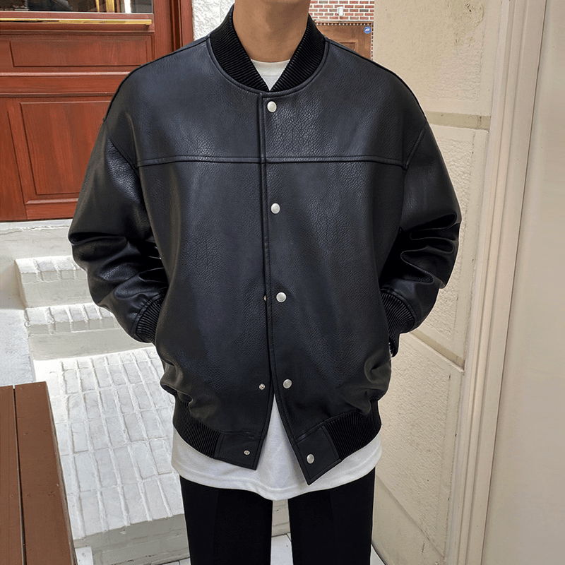 Black faux leather baseball collar jacket, view 5 - MRSLM