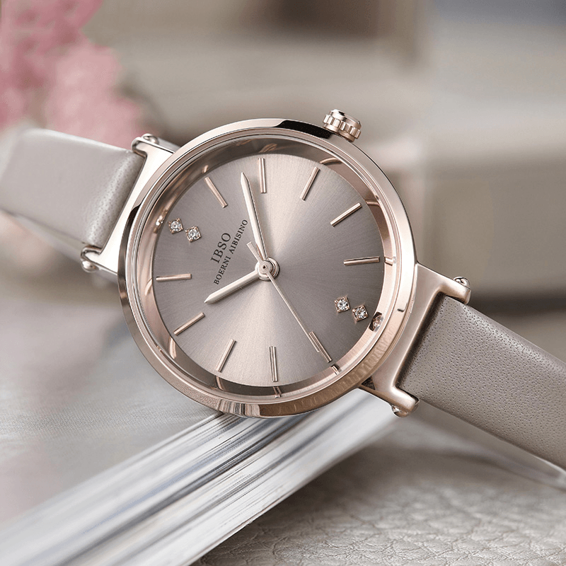 IBSO S8688L Ultra Thin Ladies Wrist Watch Crystal Elegant Design Leather Strap Quartz Watch - MRSLM