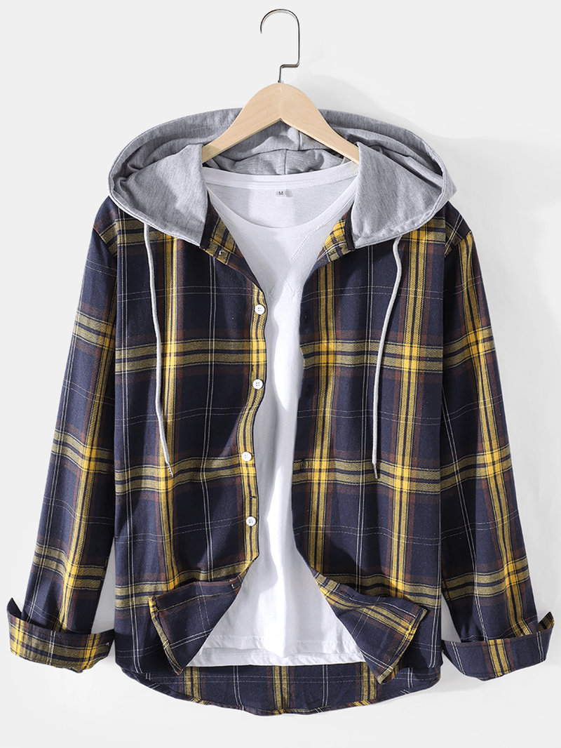Mens Tartan Button up Long Sleeve Relaxed Fit Drawstring Hooded Jacket - MRSLM