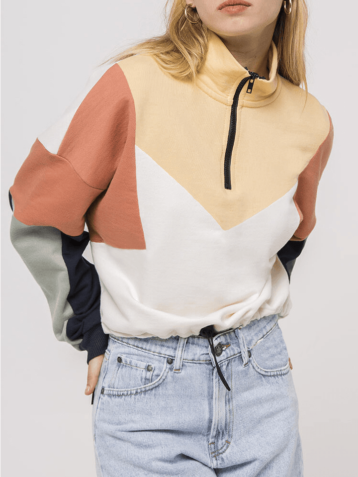 Women Patchwork Half Zipper Front Long Sleeve Pullover Design Sweatshirts - MRSLM