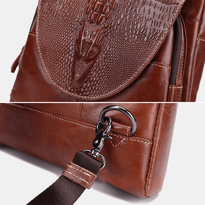 Ekphero Men Genuine Leather Multi-Pocket Crocodile Pattern Chest Bag Multifunction Anti-Theft Crossbody Shoulder Bag - MRSLM