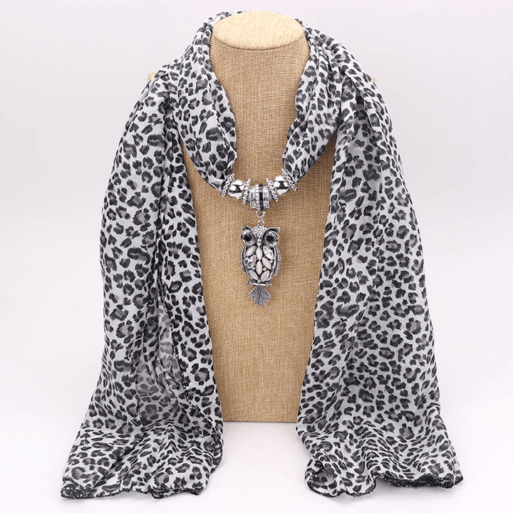 Print Alloy Pendant Scarf Beaded Pendant Scarfprinted Chiffon Necklace - MRSLM