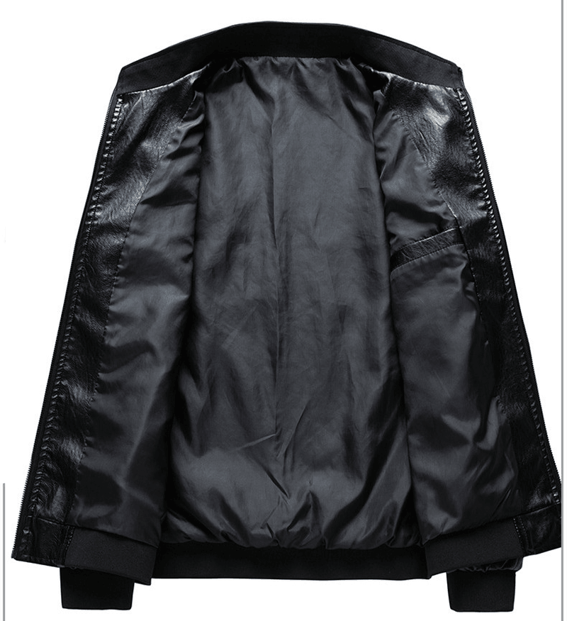 slim stand collar faux leather jacket, view 4 - MRSLM