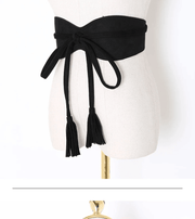 women's wide woven waist belt with tassels, view 3 - MRSLM