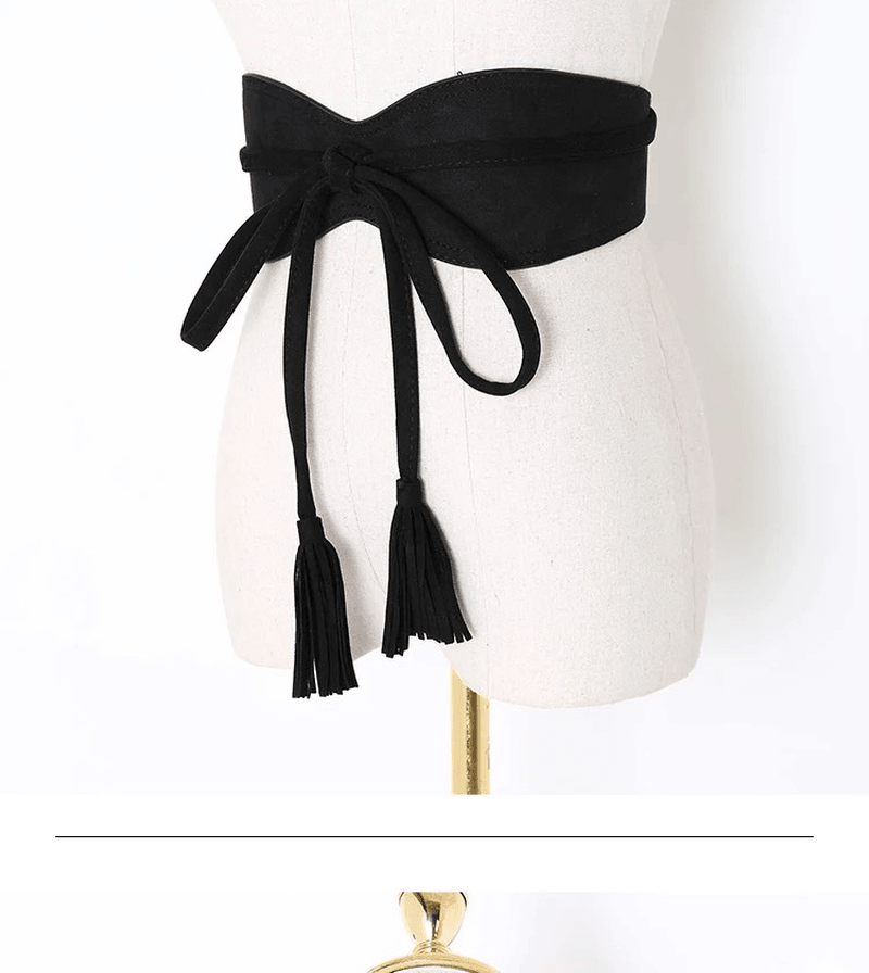 women's wide woven waist belt with tassels, view 3 - MRSLM