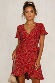 Printed V-neck lace-up ruffled dress, view 2 - MRSLM