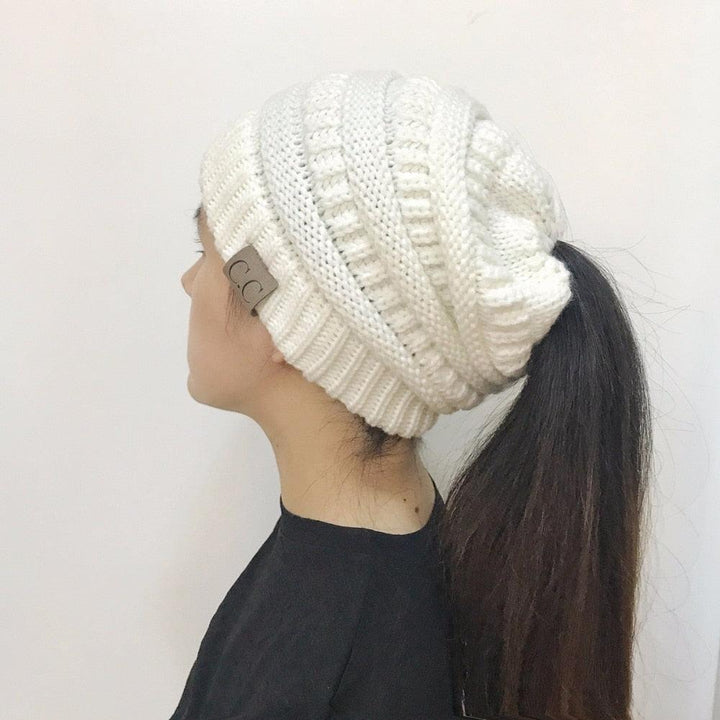 High Bun Ponytail Beanie Hat Chunky Soft Stretch Cable Knit Warm Fuzzy Lined Skull Beanie Acrylic Hats Men And Women - MRSLM