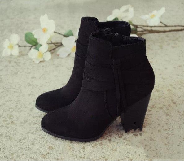 Women's suede side zipper chunky heel boots - MRSLM