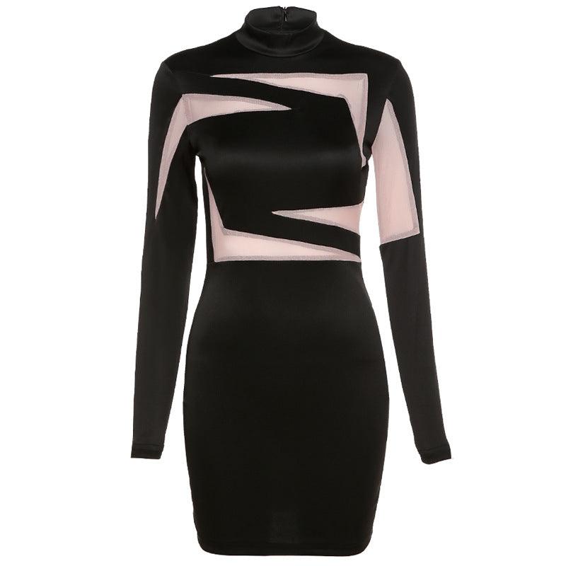 Long sleeve round neck contrast hip dress, view 3 - MRSLM