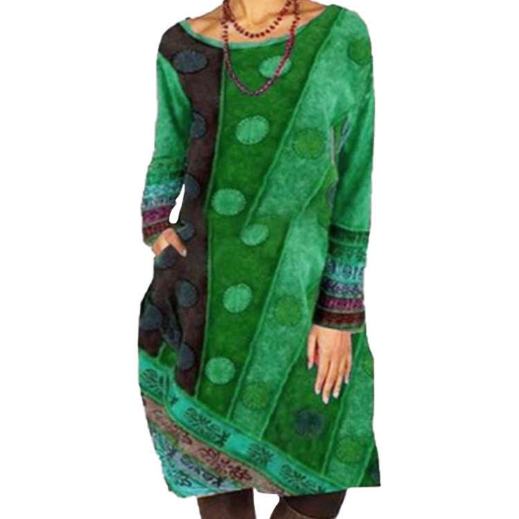 Ethnic Casual Loose Printed Dress Round Neck Long Sleeves