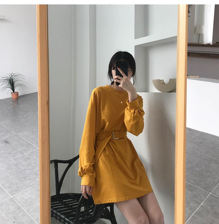 Solid Color Long-sleeved Lace-up Waist Skirt Dress