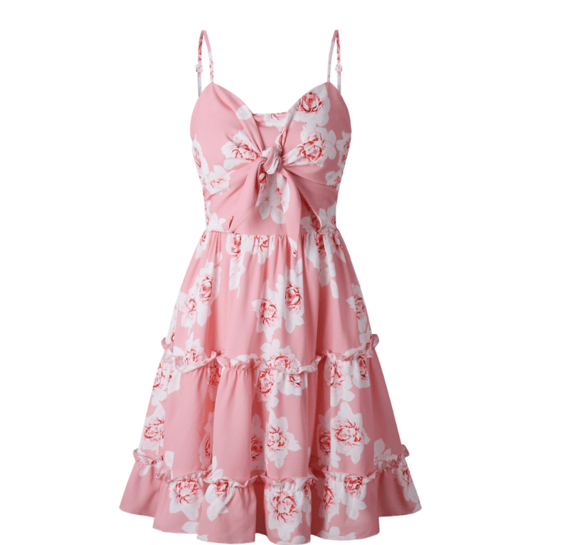 Bow ruffled sling print swing dress, view 4 - MRSLM
