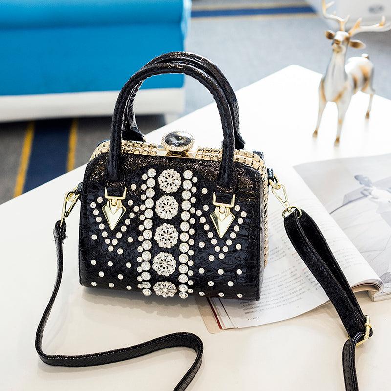rhinestone snake print lock shoulder bag, view 7 - MRSLM